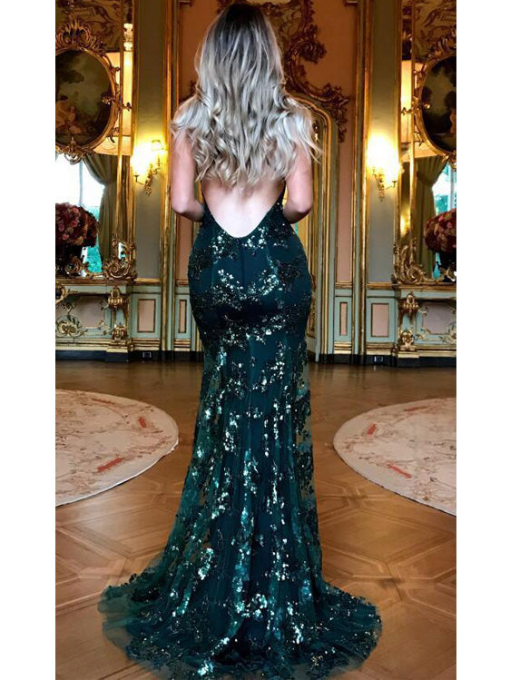 Mermaid Spaghetti Strap Floor-Length Tulle Sequined Prom Dresses HX00127