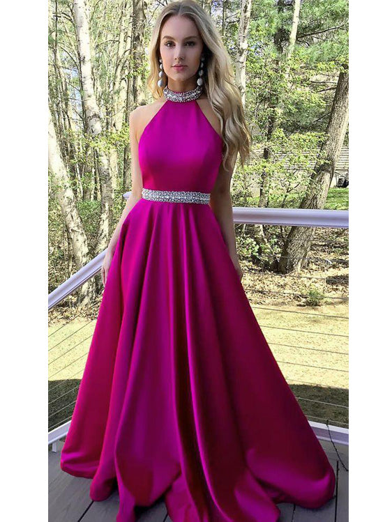 Popular Satin Jewel Neckline Backless Sweep Train A-line Prom Dresses With  Rhinestones PD048 – BohoProm