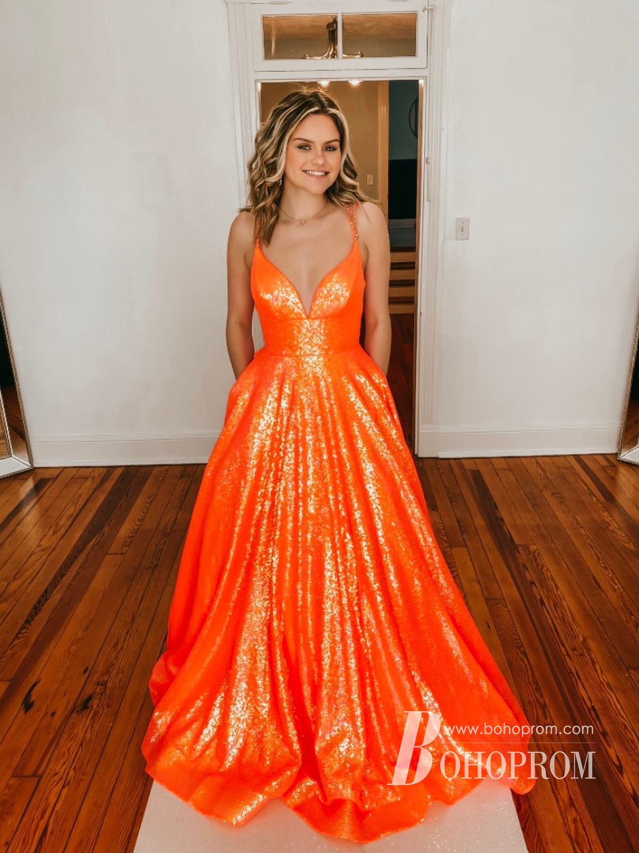 Lakelynn Orange Mermaid Spaghetti Straps Sequined Lace Prom Dress