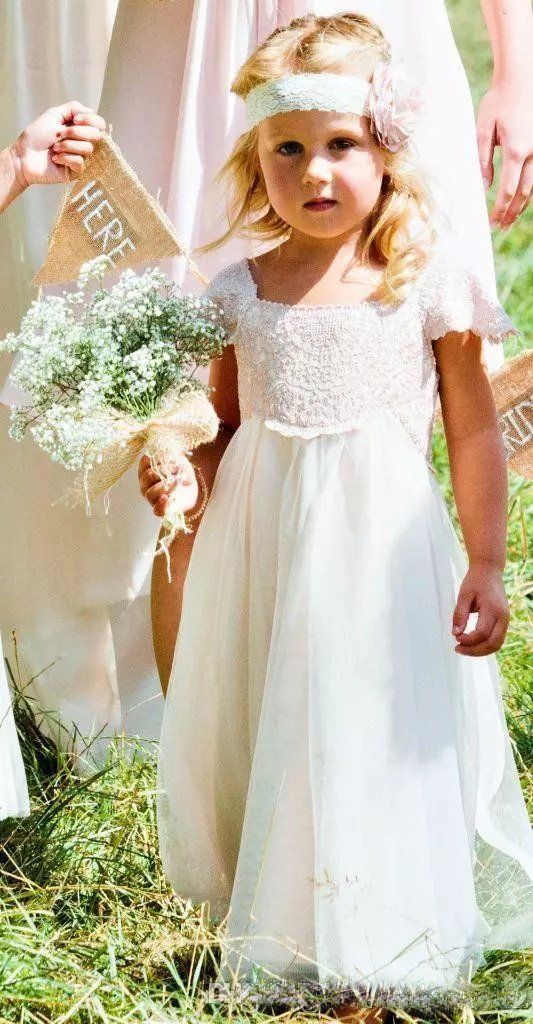 Glamorous Lace Tulle Square Neckline Cap Sleeves A line Flower Girl BohoProm