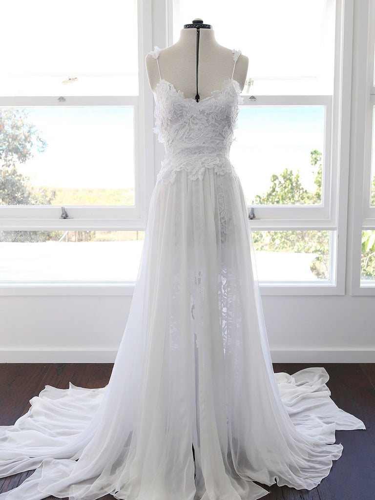 BohoProm Wedding Dresses A-line Spaghetti Strap Sweep Train Chiffon Lace Wedding Dresses SWD023