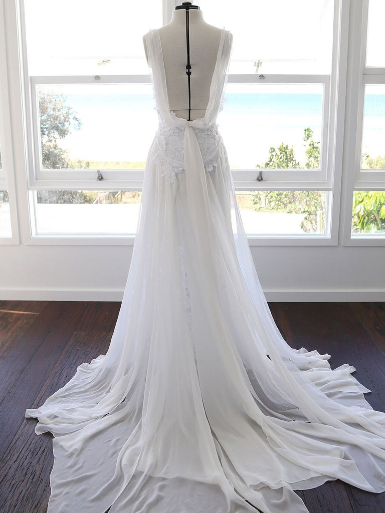 BohoProm Wedding Dresses A-line Spaghetti Strap Sweep Train Chiffon Lace Wedding Dresses SWD023