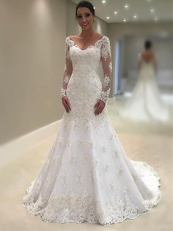 Elegant Lace V-neck Neckline Mermaid Wedding Dresses With Appliques WD –  BohoProm