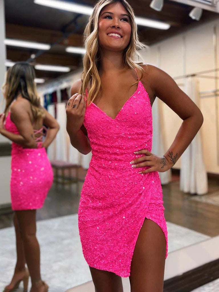 $129.99 Sparkly Short Prom Dress Sequins Backless Short Homecoming Dress PD2966