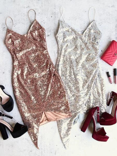 $129.99 Rose Gold Sparkly Short Prom Dress Sequins Backless Short Homecoming Dress PD2967