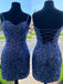 $89.99 Navy Blue Sweetheart Neck Backless Sparkly Short Prom Dress Sequins Short Homecoming Dress PD2969