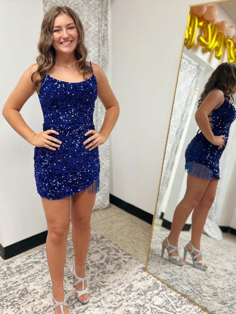 Backless Sparkly Cocktail Dress Sequins Short Homecoming Dress With String Beaded Hem PD2976