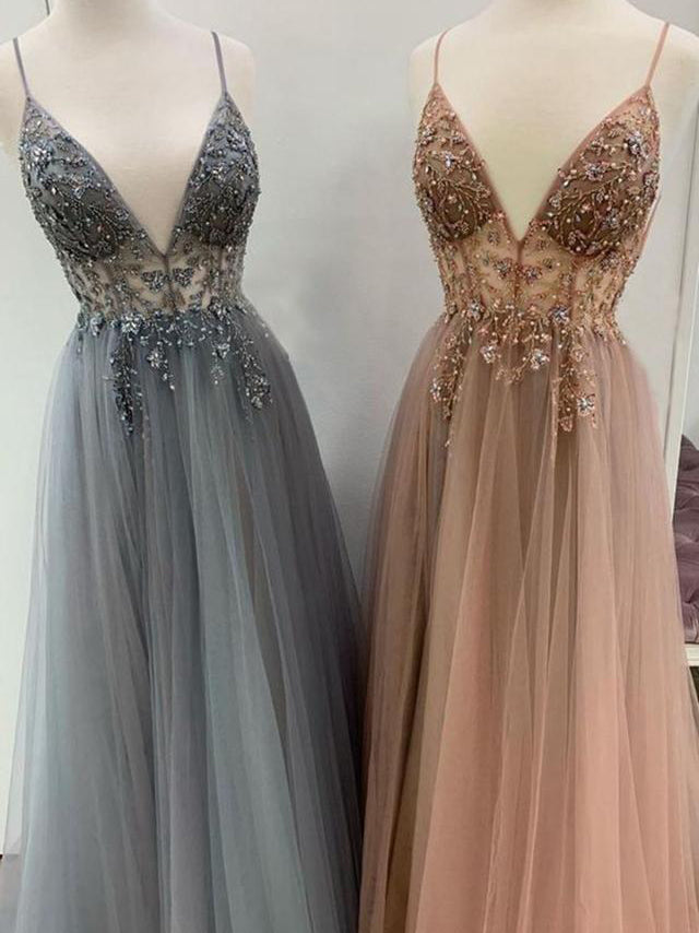 ZVOCY Women's Glitter Tulle A-line Prom Dresses Spaghetti Straps