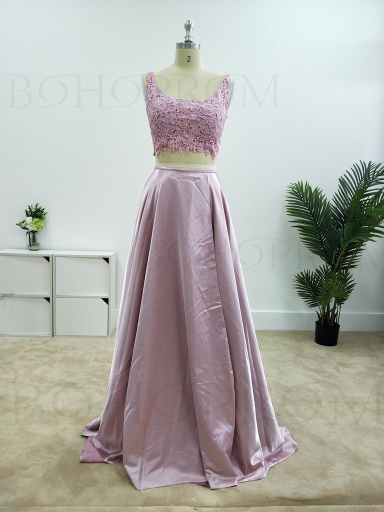 Gorgeous Satin 2 Pieces Prom dresses Square Lace Dresses With Slit PD309