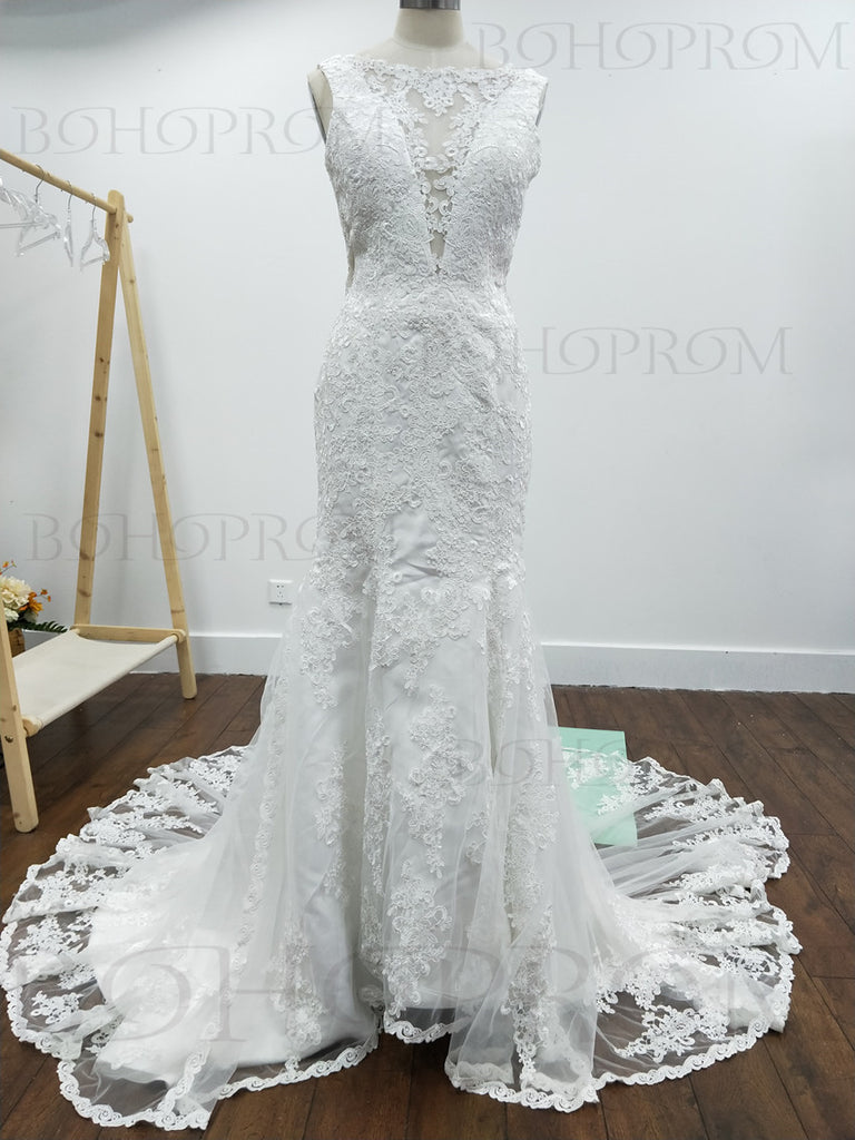 Beautiful Lace Jewel Neckline Mermaid Wedding Dresses With Pleats WD096