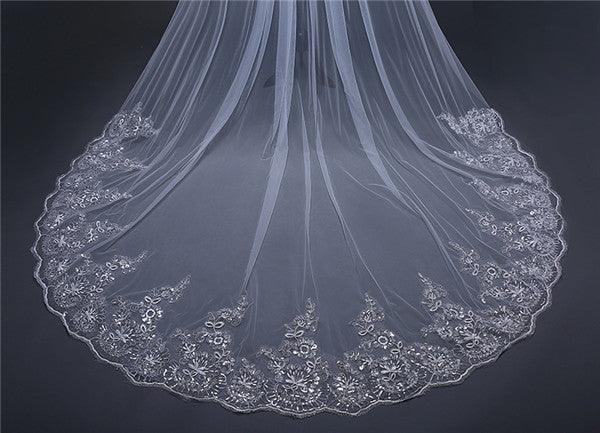 Elegant Sequined Tulle Wedding Veil Appliqued Cathedral Train WV002