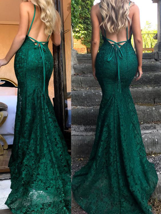 Sexy Spaghetti Straps Trumpet/Mermaid Backless Dark Green Lace Prom Dr –  jbydress