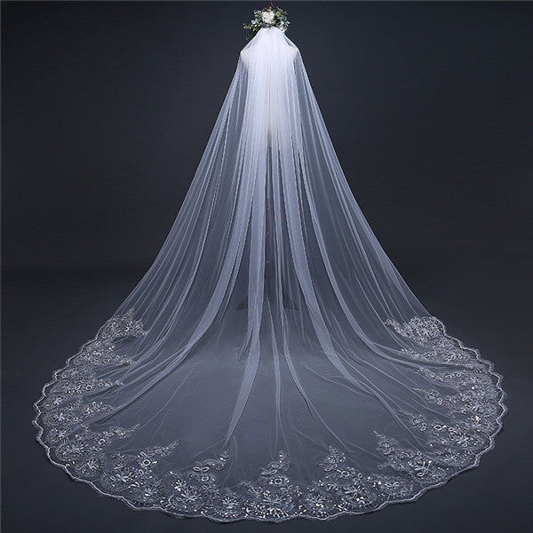Elegant Sequined Tulle Wedding Veil Appliqued Cathedral Train WV002