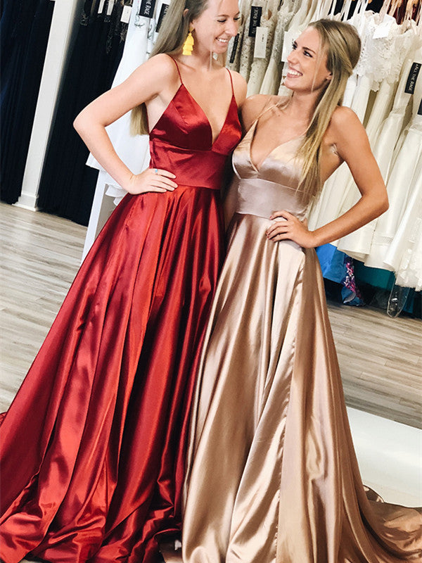 Simple Satin Prom Dresses A-line Sexy Evening Gowns With Chapel Train PD253