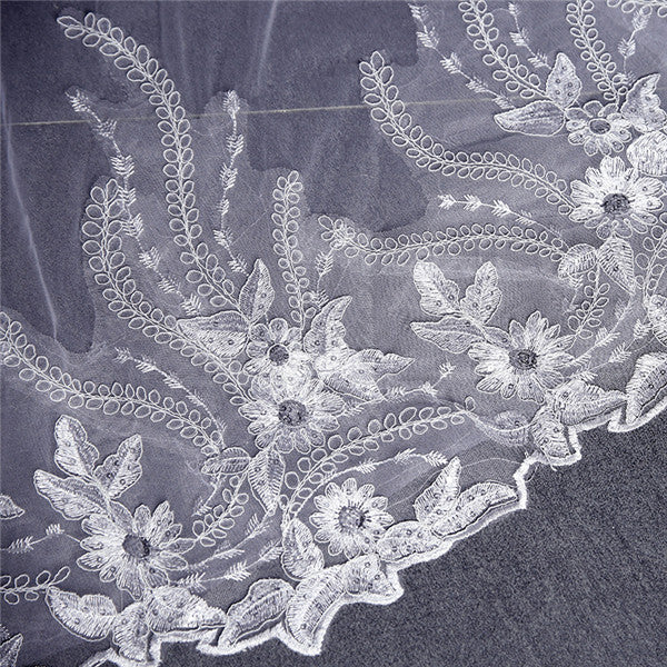 Brilliant Sequined White Wedding Veil Tulle Appliqued Veil WV003