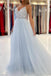 $199.99 Pleated V Neck Light Blue Tulle Party Dress Rhinestones A Line Prom Dress ARD2863