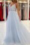 Pleated V Neck Light Blue Tulle Party Dress Rhinestones A Line Prom Dress PD2863