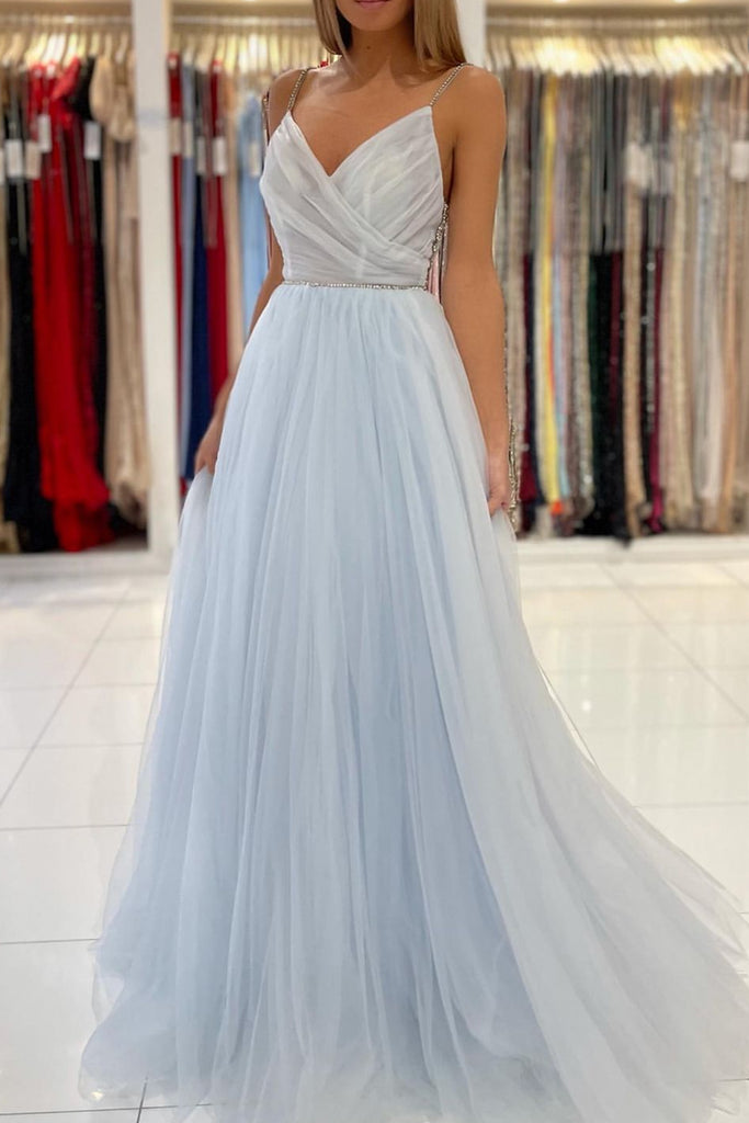 $199.99 Pleated V Neck Light Blue Tulle Party Dress Rhinestones A Line Prom Dress ARD2863