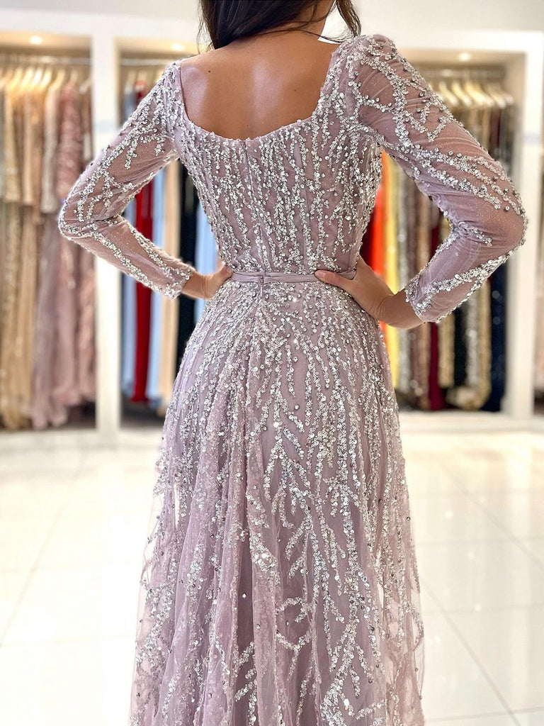 Dusty Rose 2 in 1 Square Neck A Line Prom Gown Sequins Prom Dress with Long Sleeves PD2864
