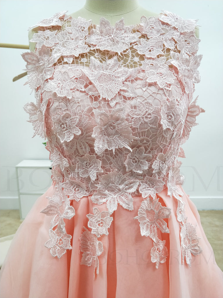 Delicate Lace & Chiffon Bateau Neckline A-line Homecoming Dresses With Appliques HD114