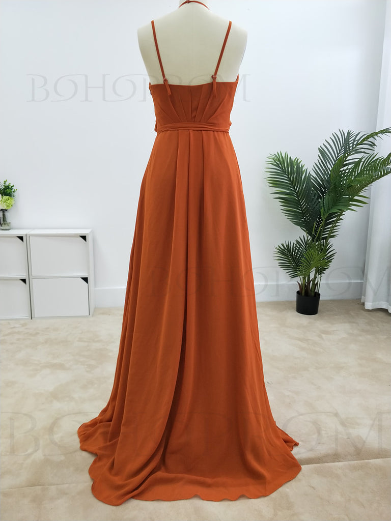 Charming Filament Spaghetti Straps A-line Bridesmaid Dresses With Slit BD109