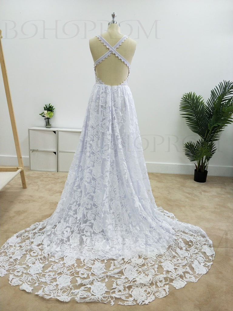 Romantic Lace Halter Neckline A-line Wedding Dresses With Appliques WD –  BohoProm