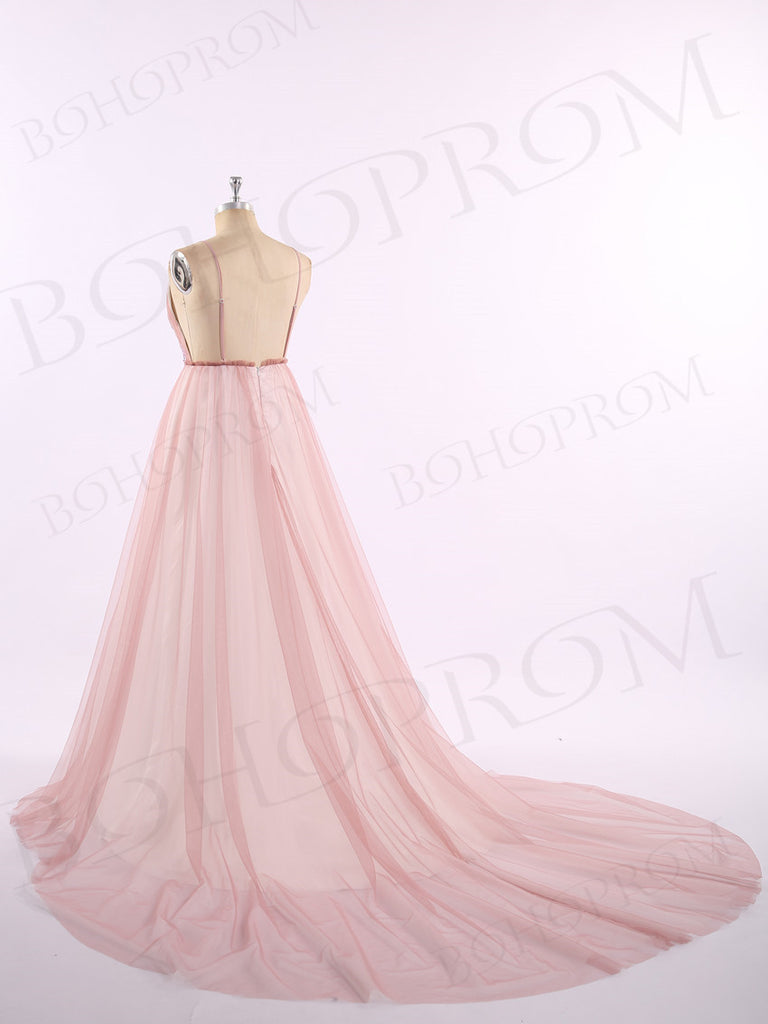 A-line Spaghetti Strap Floor-Length Tulle Appliqued Prom Dresses ASD2654