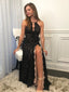 Fabulous Halter Neckline Sheath Black Lace Slit Prom Dresses PD502