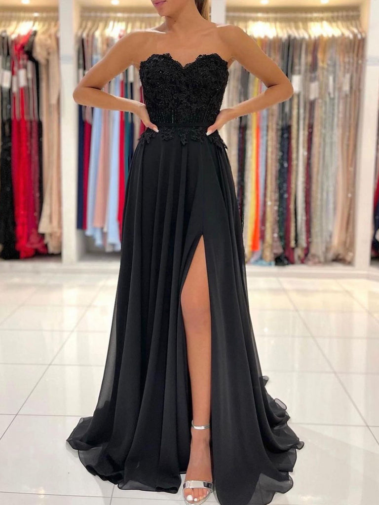 $189 Strapless Sweetheart Neck Prom Gown with High Slit Black Prom Dress PD2866