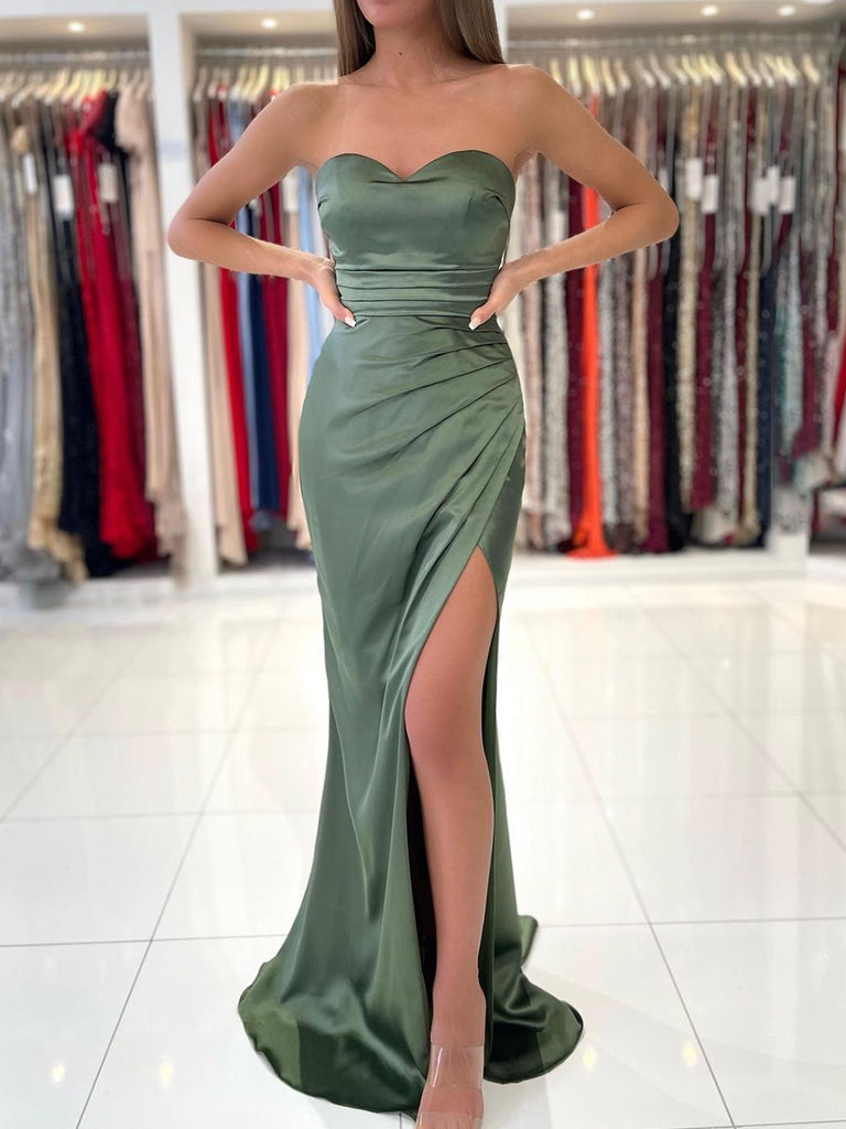 $138.99 Dusty Sage Strapless Trumpet Prom Dress Thigh Slit Mermaid Prom Gown PD2867