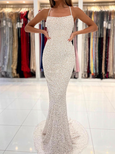 $169.99 Spaghetti Straps Pearl White Prom Dresses Sparkly Sheath Formal Dress PD2868