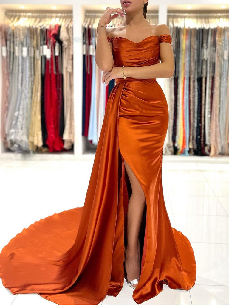 Rust Off the Shoulder Evening Dress Mermaid Satin Prom Dress with Flap PD2869
