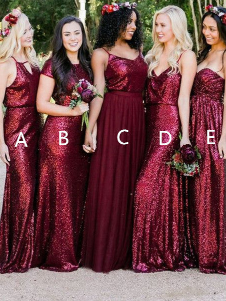 Sparkly Sequined Multi Choice Sweep Train Burgundy Bridesmaid Dresses BD111