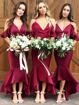 Popular Satin Spaghetti Straps Mermaid Hi-lo Bridesmaid Dresses BD115