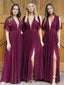 Deep-V-neck A-line Bridesmaid Dresses Chiffon Split Gowns BD139