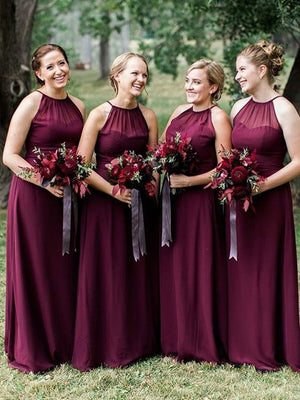 Jewel Illusion A-line Bridesmaid Dresses Chiffon Long Gowns BD146