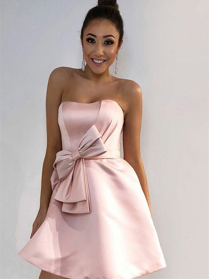 Sweet Strapless Short Homecoming Dresses Satin A-line Gowns HD009