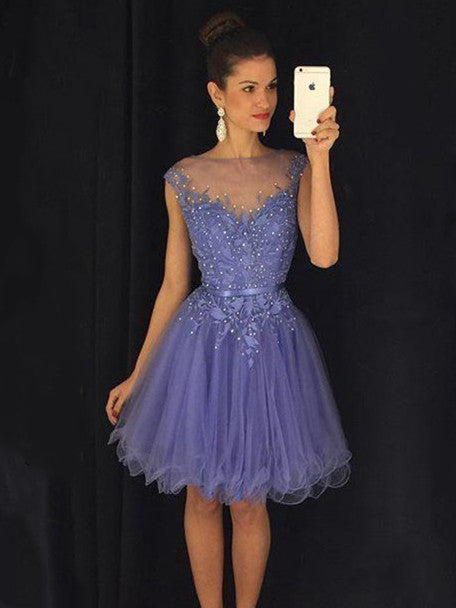 Attractive Tulle Bateau Neckline A-line Homecoming Dresses With Beaded Appliques HD029