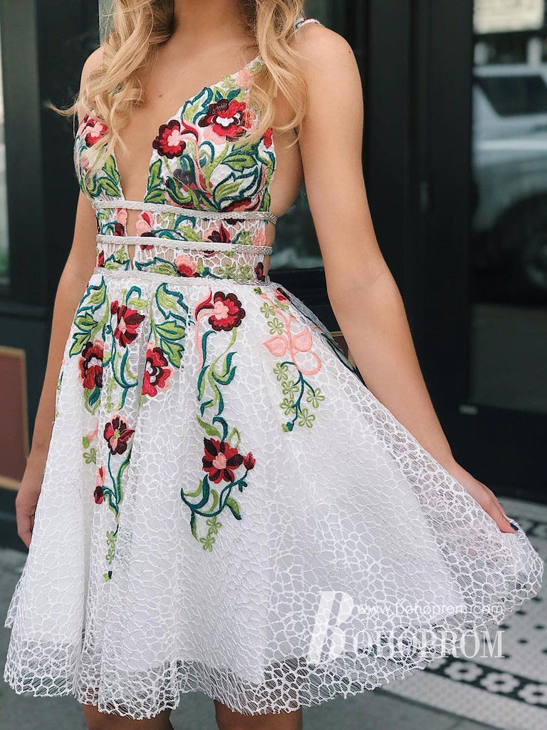 Glamorous V-neck A-line Homecoming Dresses Short Floral Gowns HD064