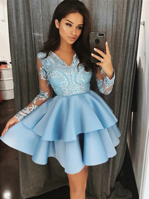 Charming V-neck Short  Homecoming Dresses Long Sleeves A-line Gowns HD070