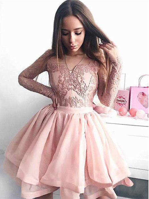 Long Sleeves A-line Homecoming Dresses Appliques Tulle Gowns HD092