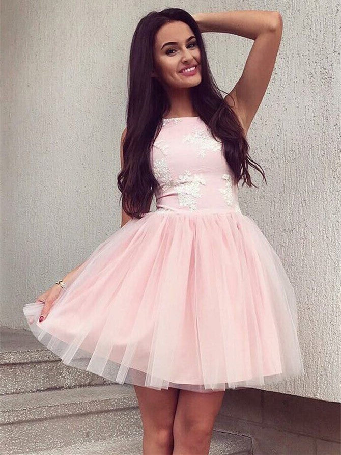 Pink Tulle Homecoming Dresses Short Appliqued A-line Gowns HD133