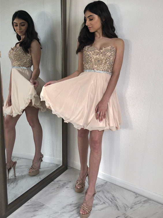 Sparkly Satin Chiffon Sweetheart Neckline A-line Homecoming Dresses HD136