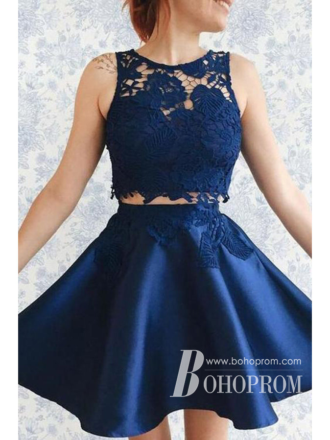 Exquisite Lace & Satin Jewel Neckline 2 Pieces A-line Homecoming Dresses HD179