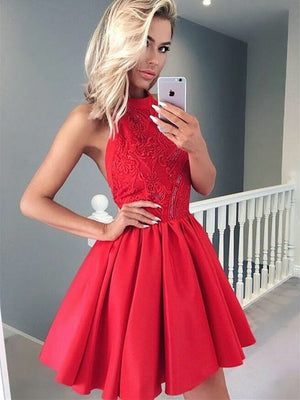 Wonderful Halter A-line Homecoming Dresses Appliqued Satin Gowns HD188