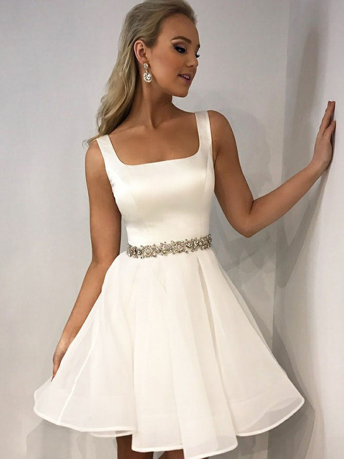 Glamorous Satin & Tulle Square Neckline A-line Homecoming Dresses HD298