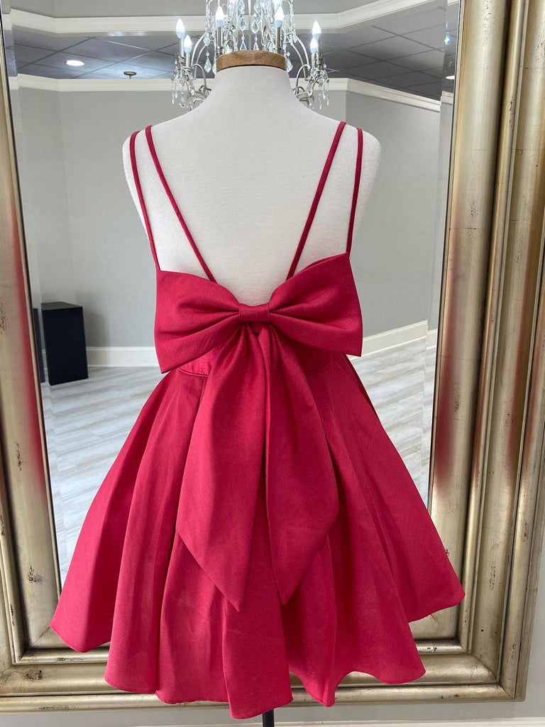 Simple Satin Spaghetti Straps Backless Bowknot A-line Homecoming Dresses HD336