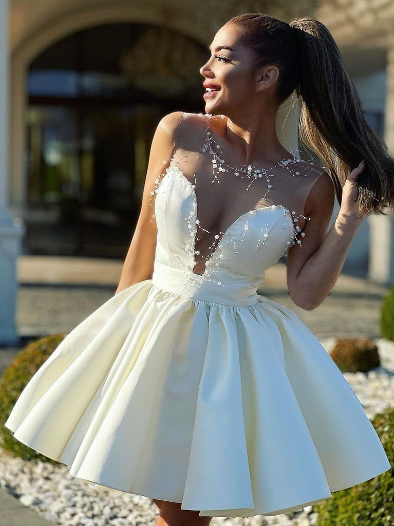 Chic Tulle Illusion Sleeveless A-line Homecoming Dresses With Beaded HD442