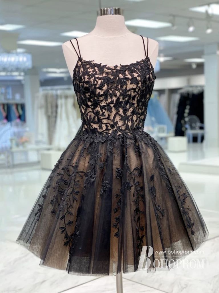 Delicate Spaghetti Straps A-line Homecoming Dresses Tulle Appliqued Gowns HD469