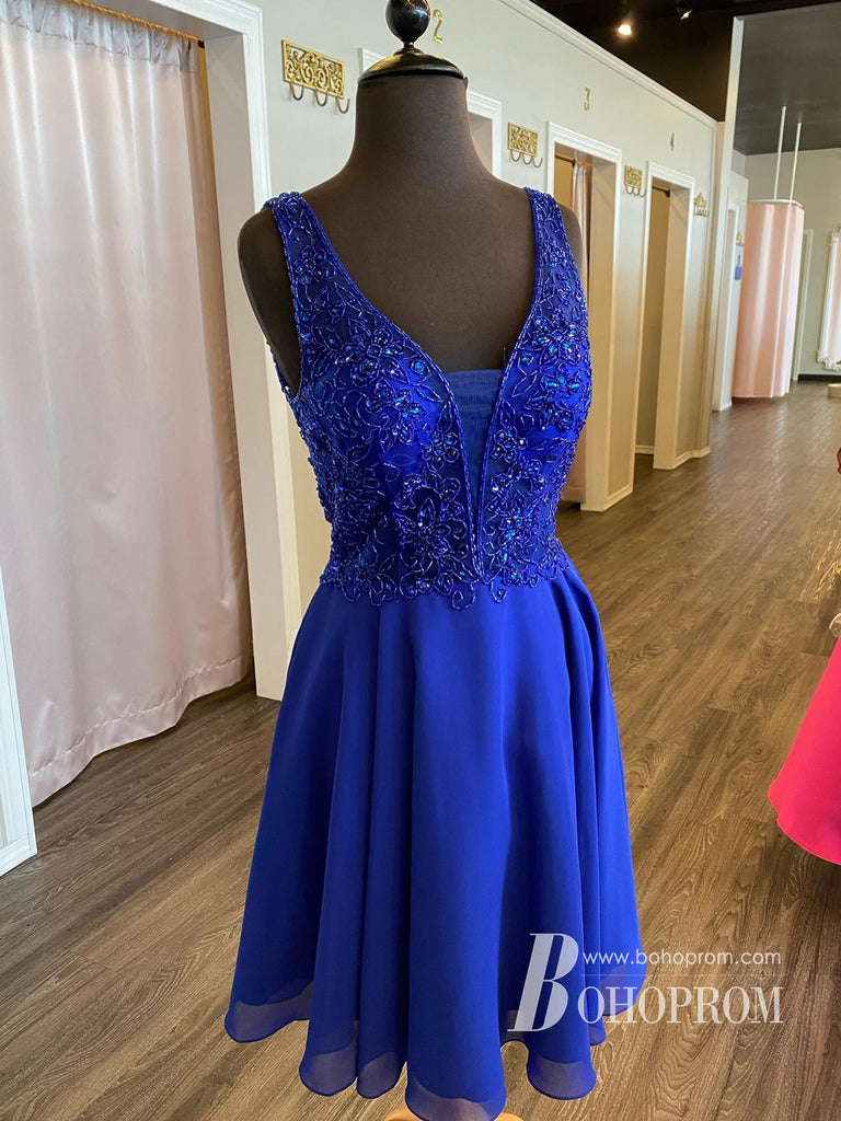 Popular Tulle & Chiffon V-neck Neckline A-line Homecoming Dresses With Beaded HD472